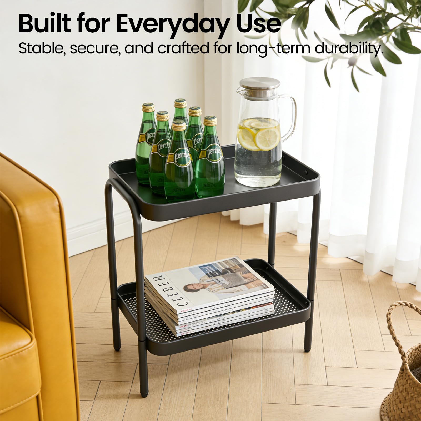 NobleForm end table with storage shelves keeps living room essentials organized