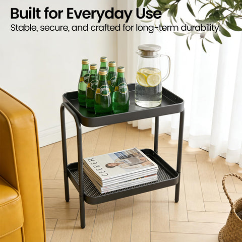 NobleForm end table with storage shelves keeps living room essentials organized