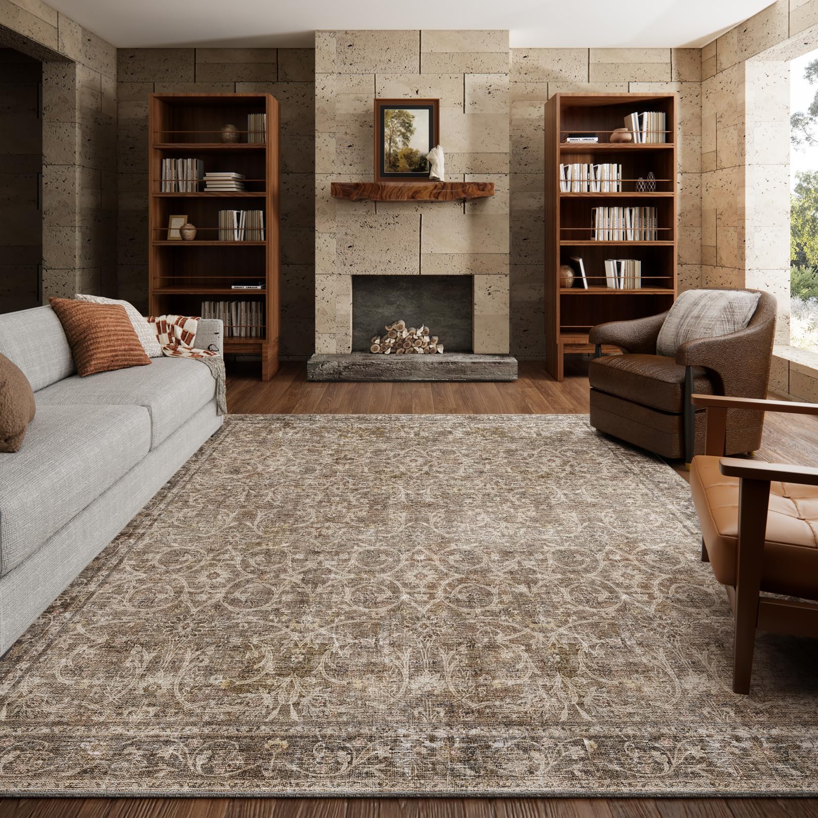 NoiFamo washable rug in a living room shows 8x10 size for cozy family spaces.