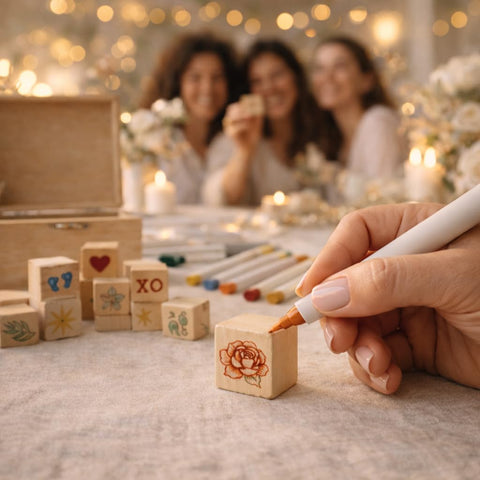 Nolia 48 natural wooden blocks shown for decorating at a baby shower.