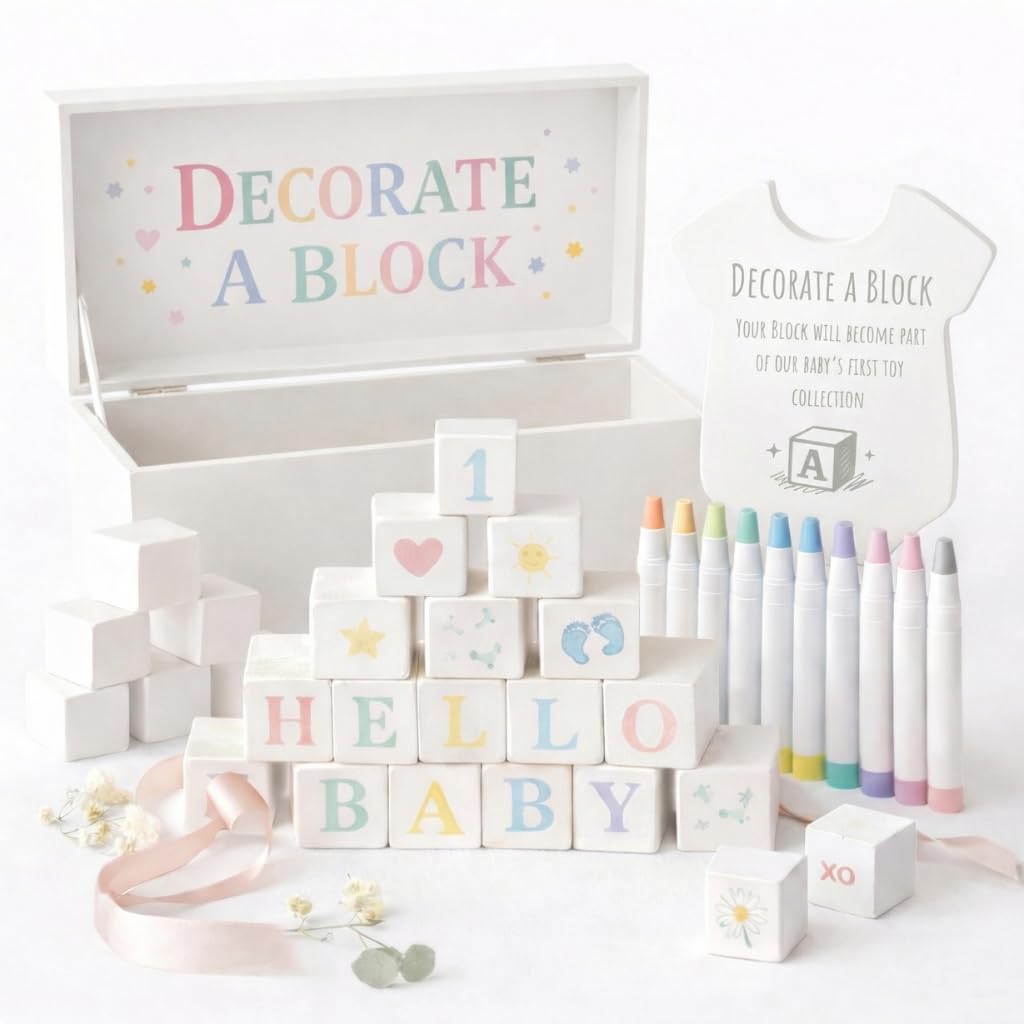 Nolia baby shower blocks set in white finish ready for decoration and photos.