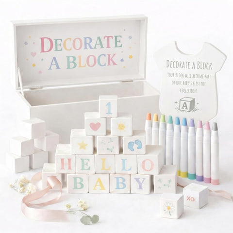 Nolia baby shower blocks set in white finish ready for decoration and photos.