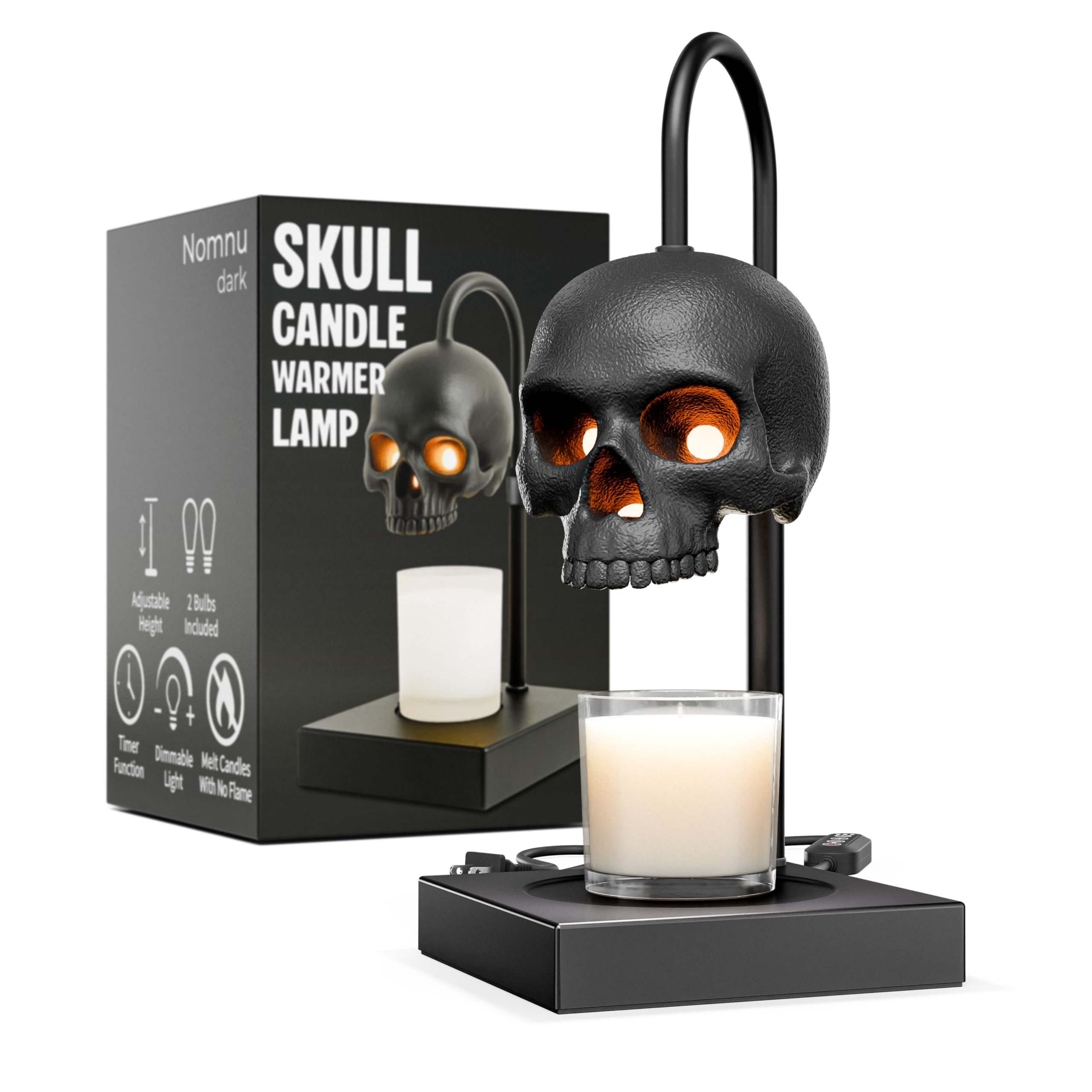 Nomnu Skull Candle Warmer Lamp front view with ambient gothic glow.