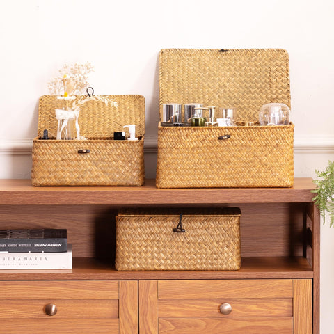 Nonam seagrass basket closeup with braided trim and handcraft detail.