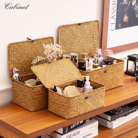Nonam seagrass basket on shelf displaying rustic decor.