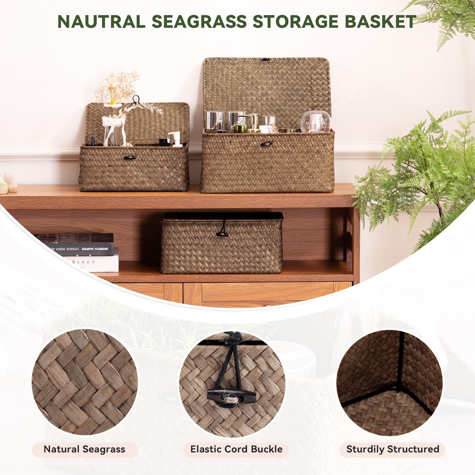 Nonam Seagrass Storage Basket on living room as rustic decor.