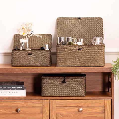 Nonam Seagrass Storage Basket stacked sizes save space.