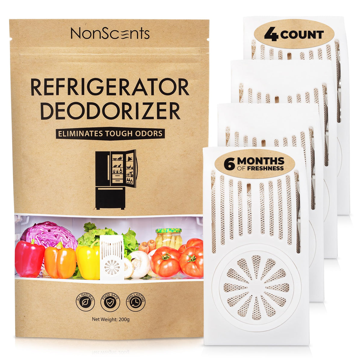 NonScents fridge deodorizer 4-pack box provides odor control for organized fridge spaces.