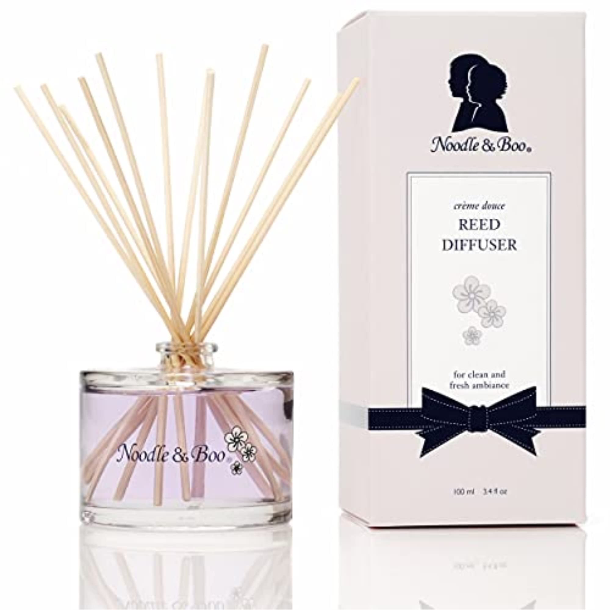 Noodle & Boo reed diffuser bottle and reeds displaying soft, long-lasting fragrance for living spaces.