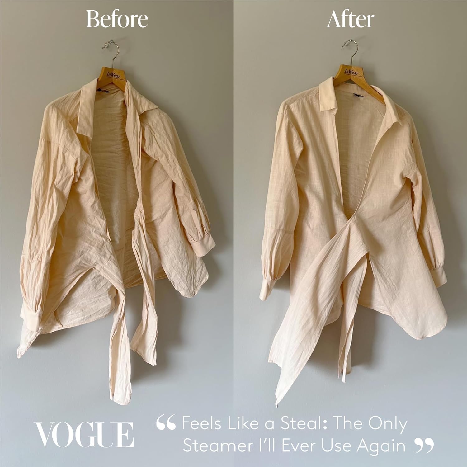 Nori Press steam function active for refreshing fabrics without a board.