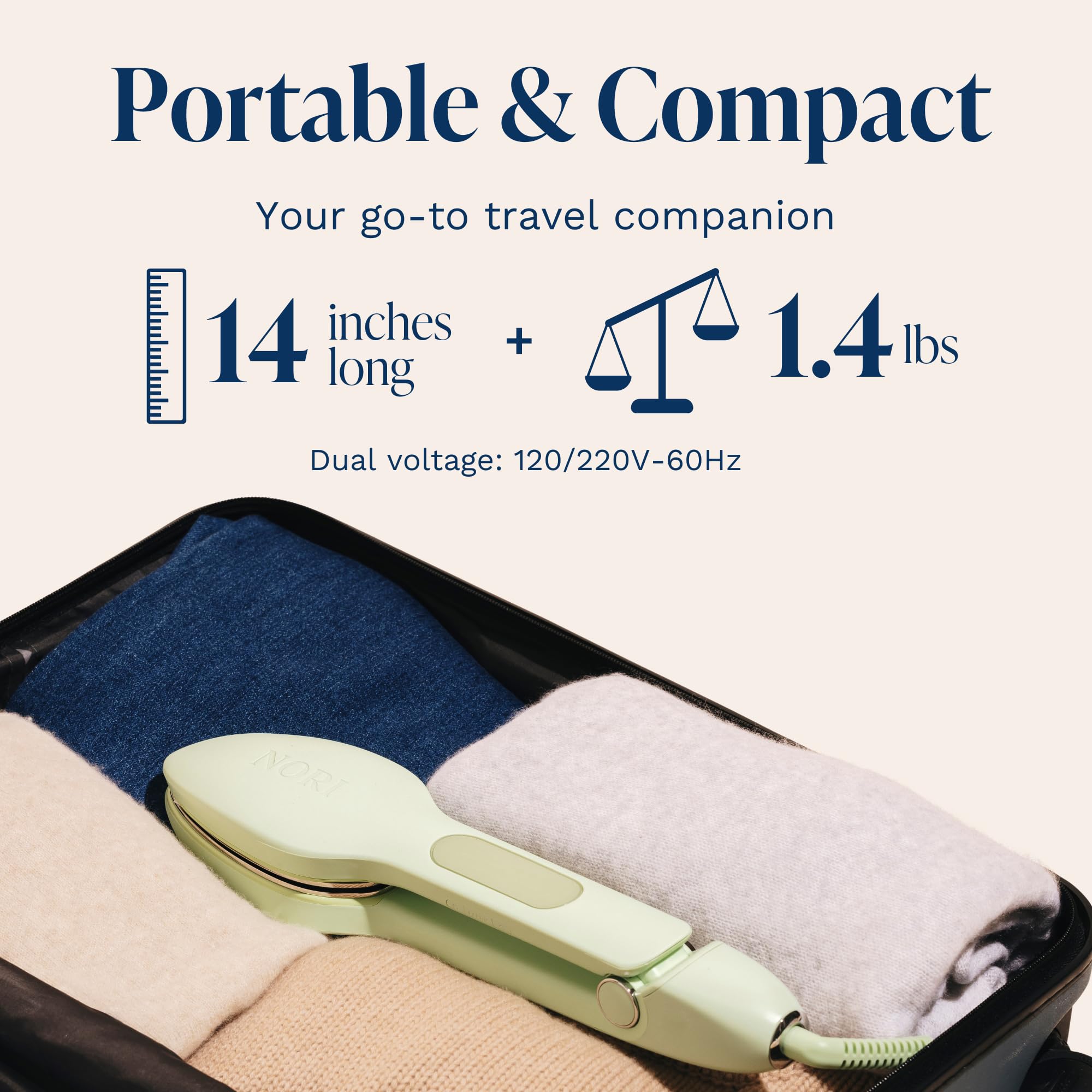 Nori Press used without ironing board for convenient touch-ups on hanging garments.