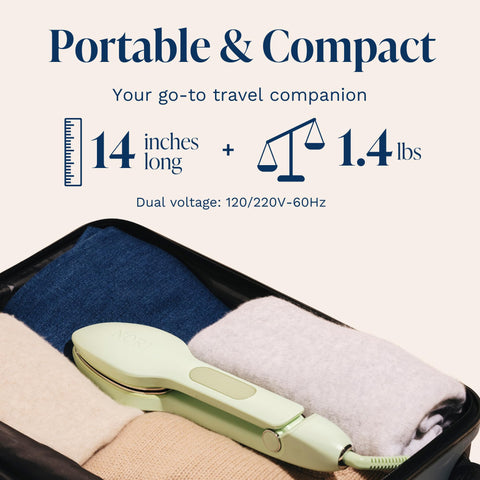 Nori Press used without ironing board for convenient touch-ups on hanging garments.