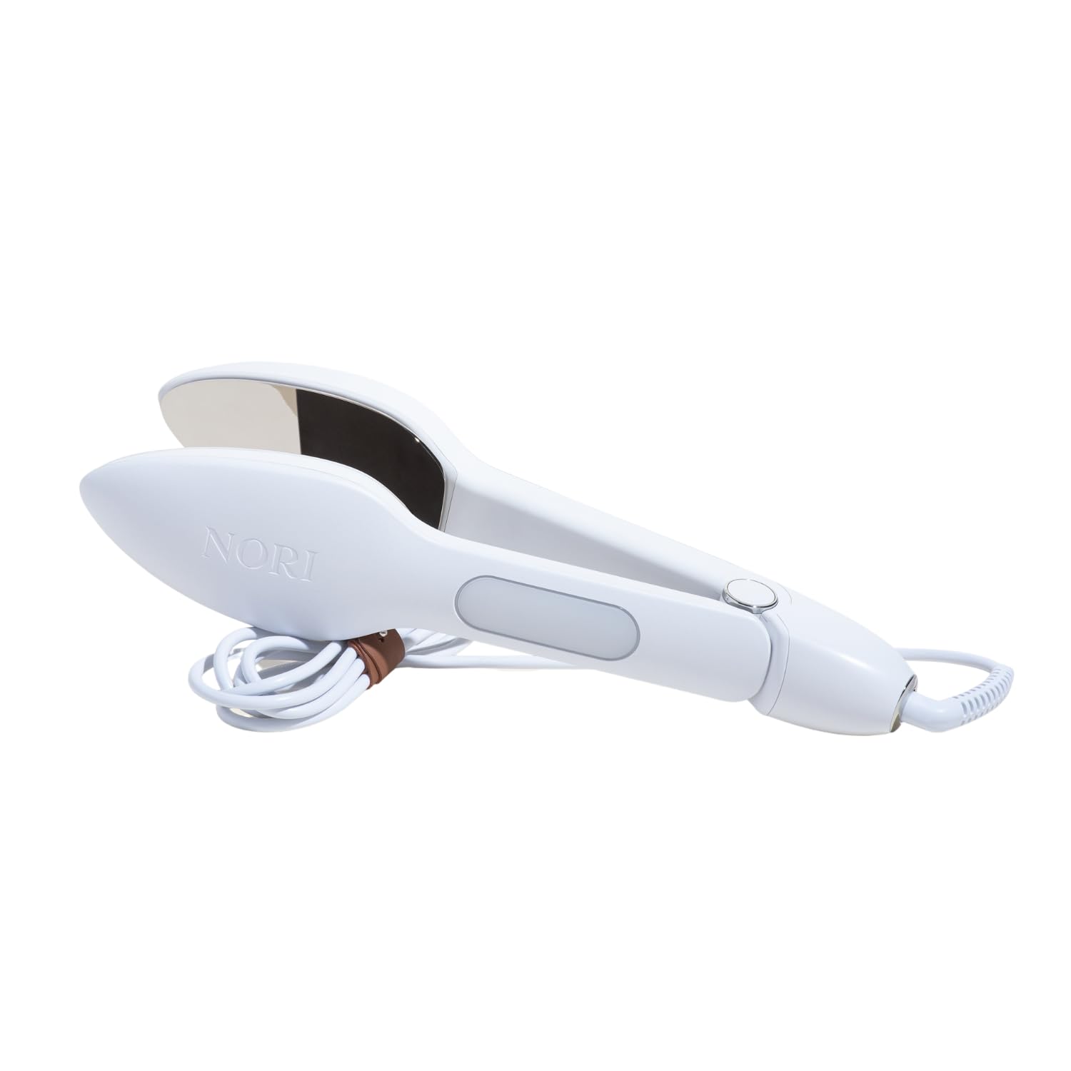Nori Press in hand showing compact travel iron for quick wrinkle touch-ups.