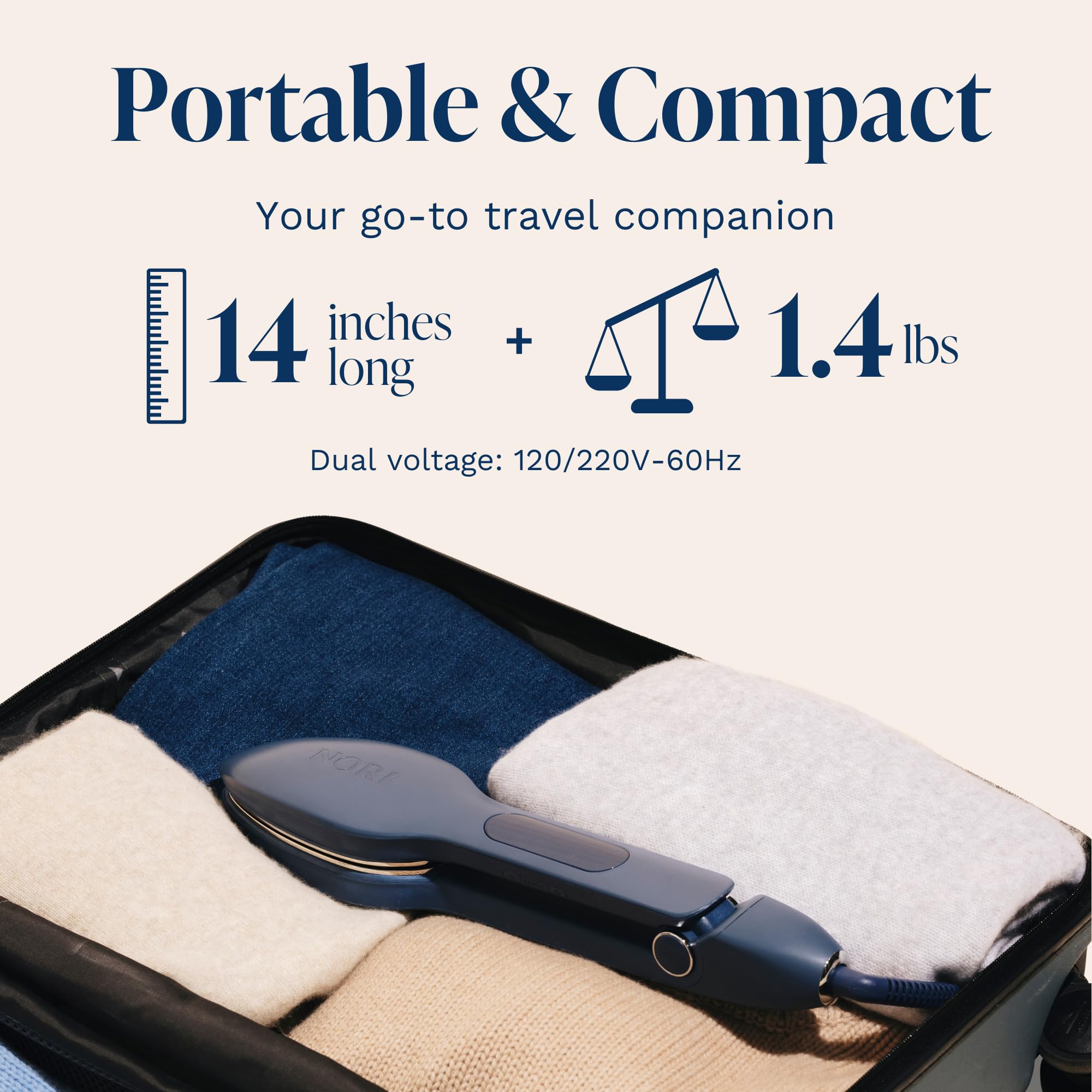 Nori Press Travel Steam Iron highlighting cord length and easy reach.