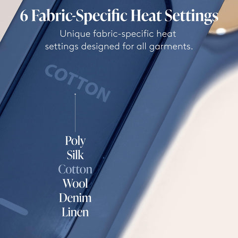 Nori Press Travel Steam Iron shows six fabric settings for versatile use.