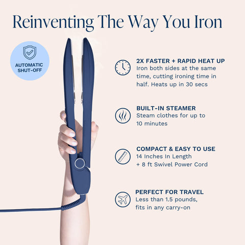 Nori Press Travel Steam Iron in-use image highlighting no ironing board necessity.
