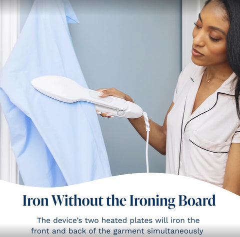 Nori Press Travel Steam Iron steam feature in use for refreshing garments on the go.