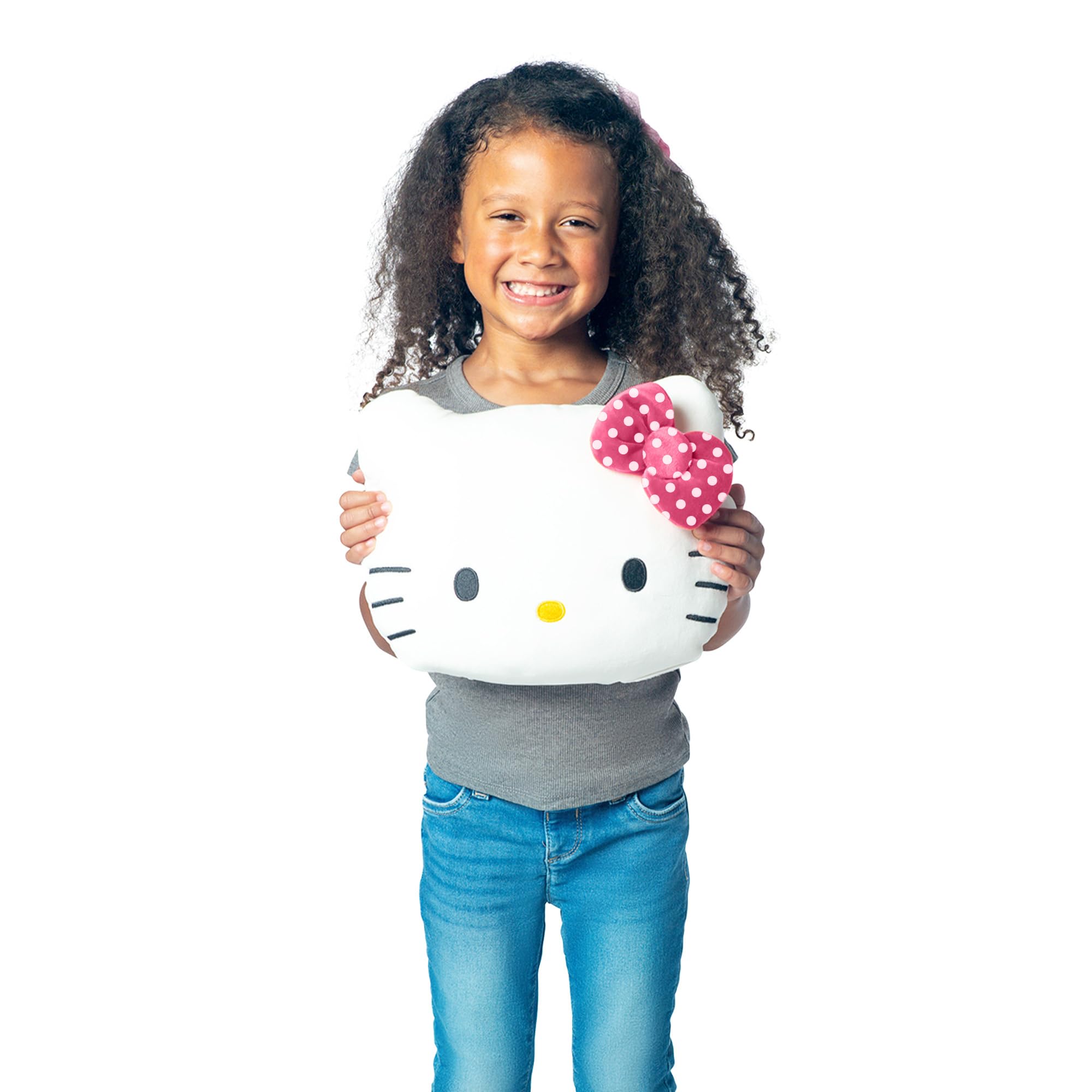 Northwest Hello Kitty face closeup embroidery, a soft plush accent that adds kawaii charm to bedroom decor.