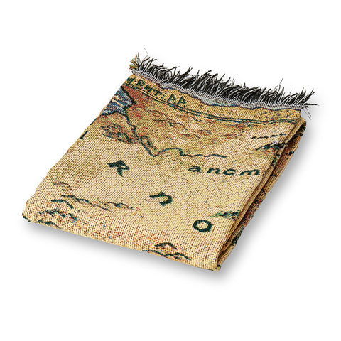 Northwest Hobbit tapestry blanket showcases detailed weave and fringed edges for decorative warmth.