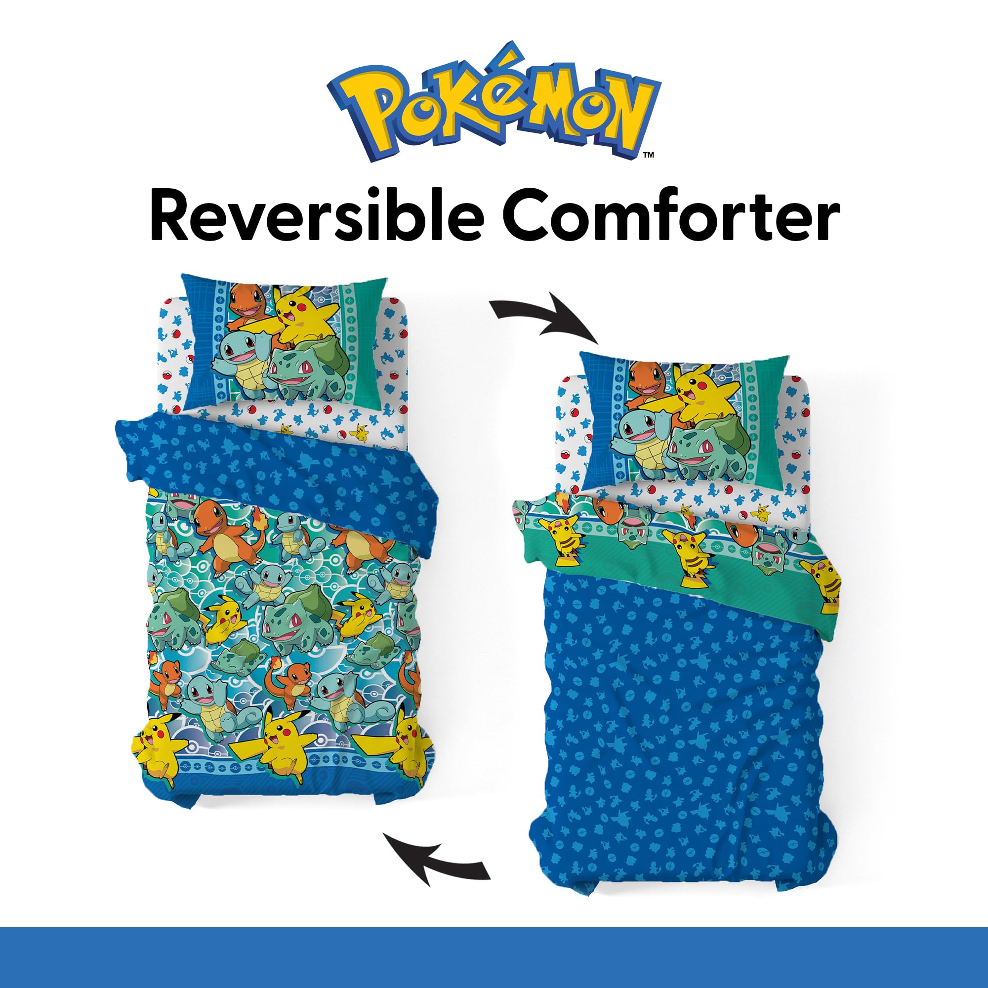 Northwest Pokemon First Starters bedding set closeup shows bright prints and smooth fabric.
