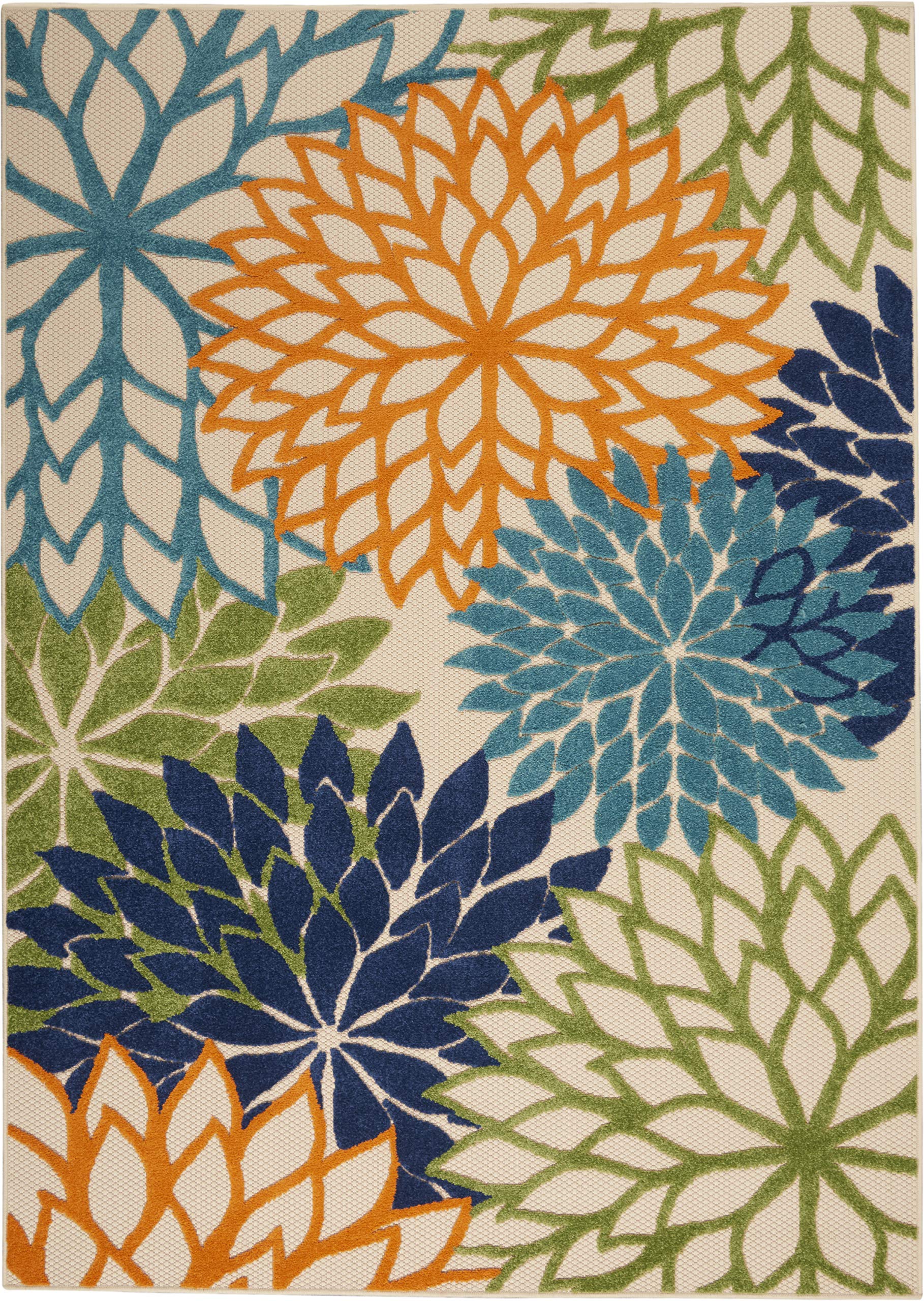 Nourison Aloha green floral rug adds tropical flair to outdoor areas.