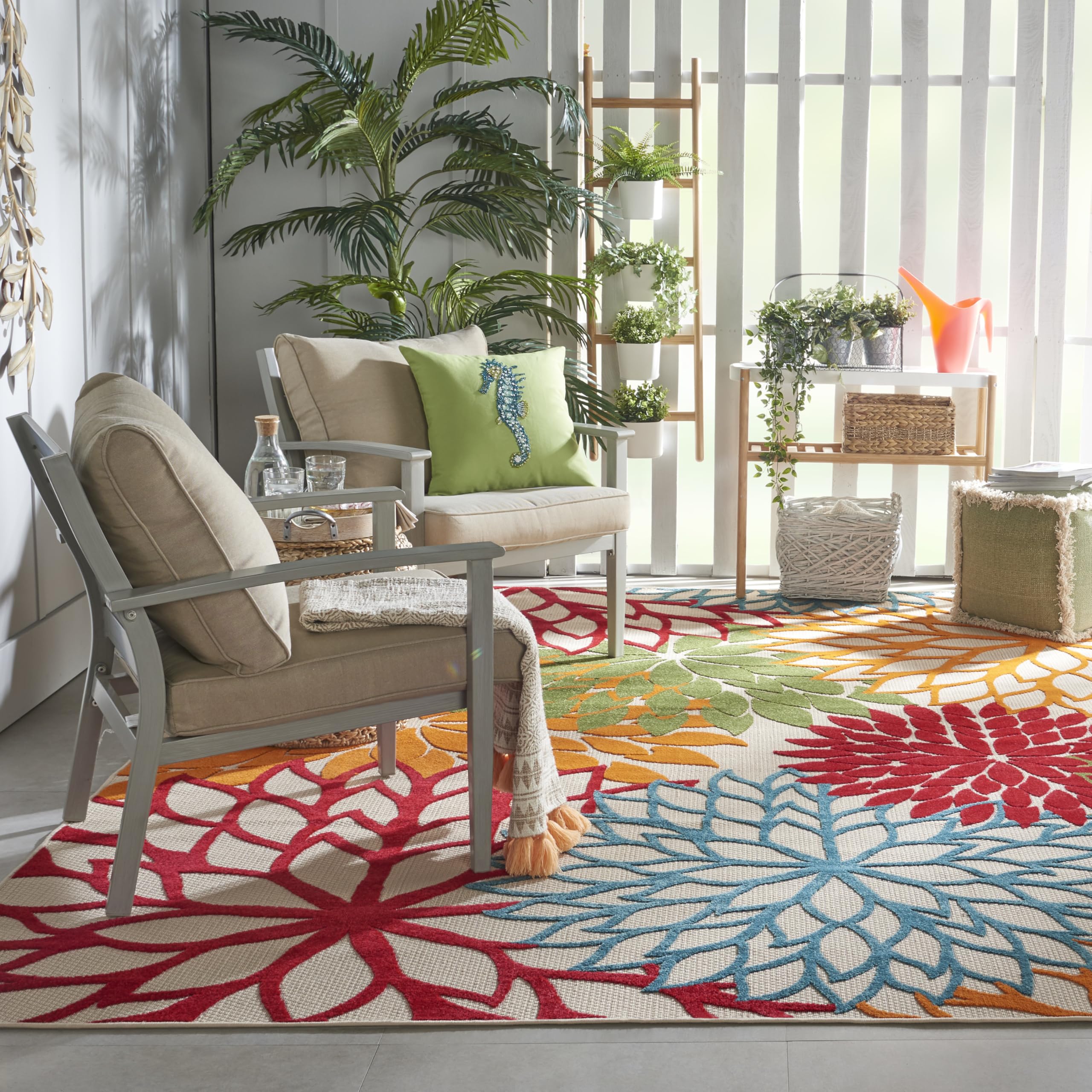 Nourison Home Aloha stain-resistant fibers simplify outdoor maintenance.