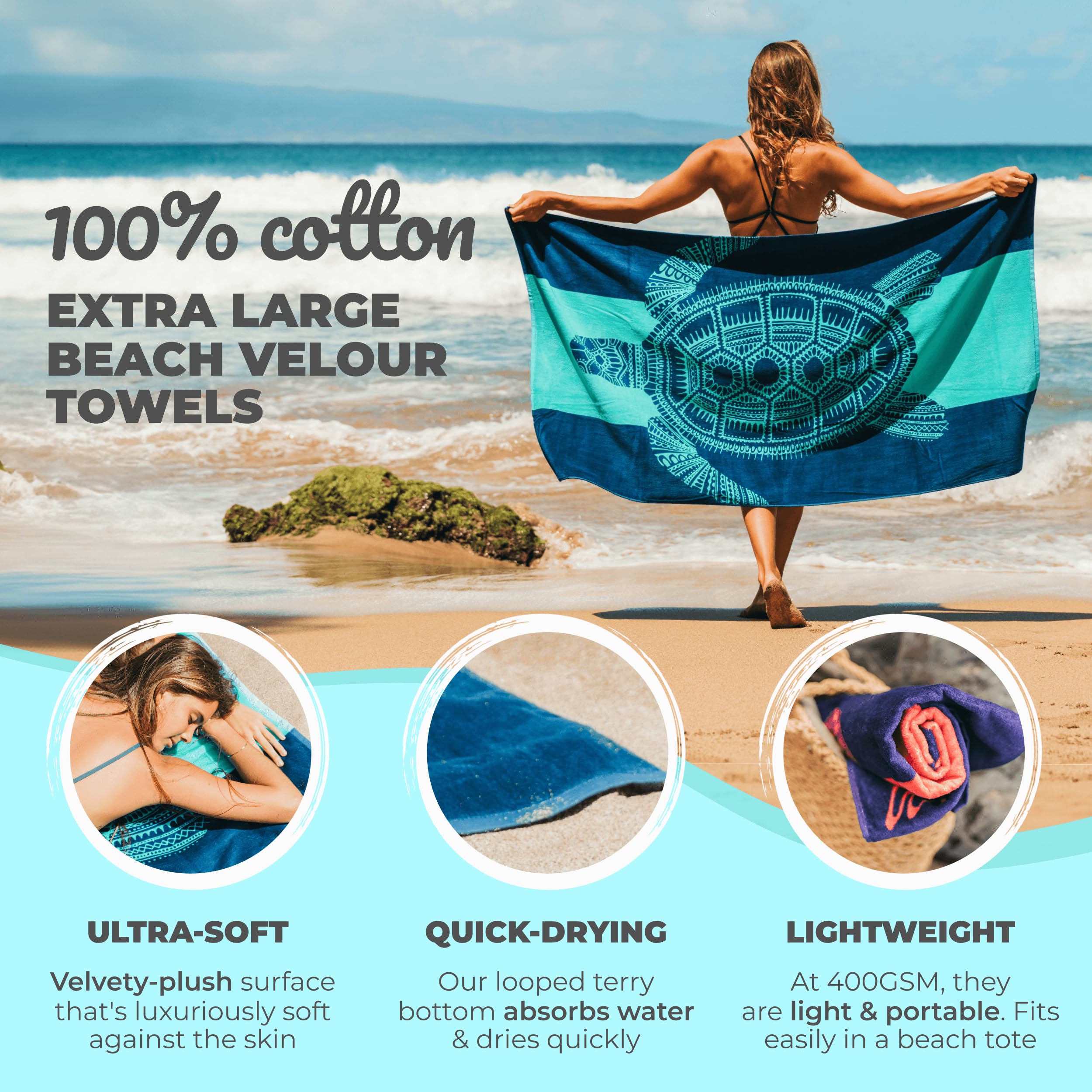 Nova Blue bold aqua stripes towel enhances poolside lounging with tropical vibes.