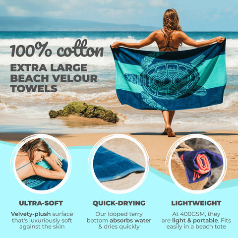 Nova Blue bold aqua stripes towel enhances poolside lounging with tropical vibes.