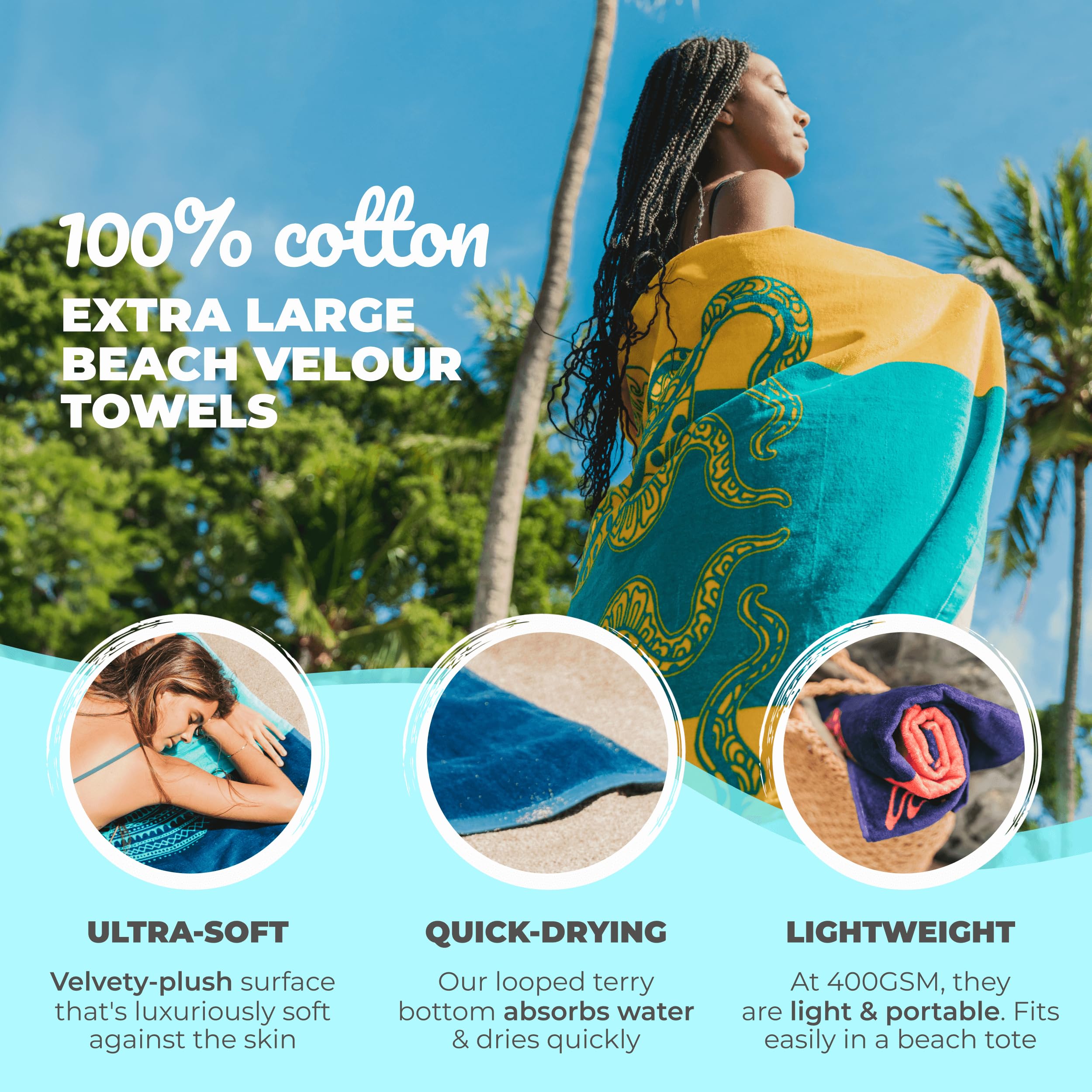 Nova Blue cotton velour beach towel, plush and absorbent for quick drying after swimming.