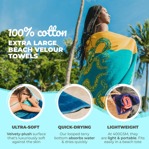 Nova Blue cotton velour beach towel, plush and absorbent for quick drying after swimming.