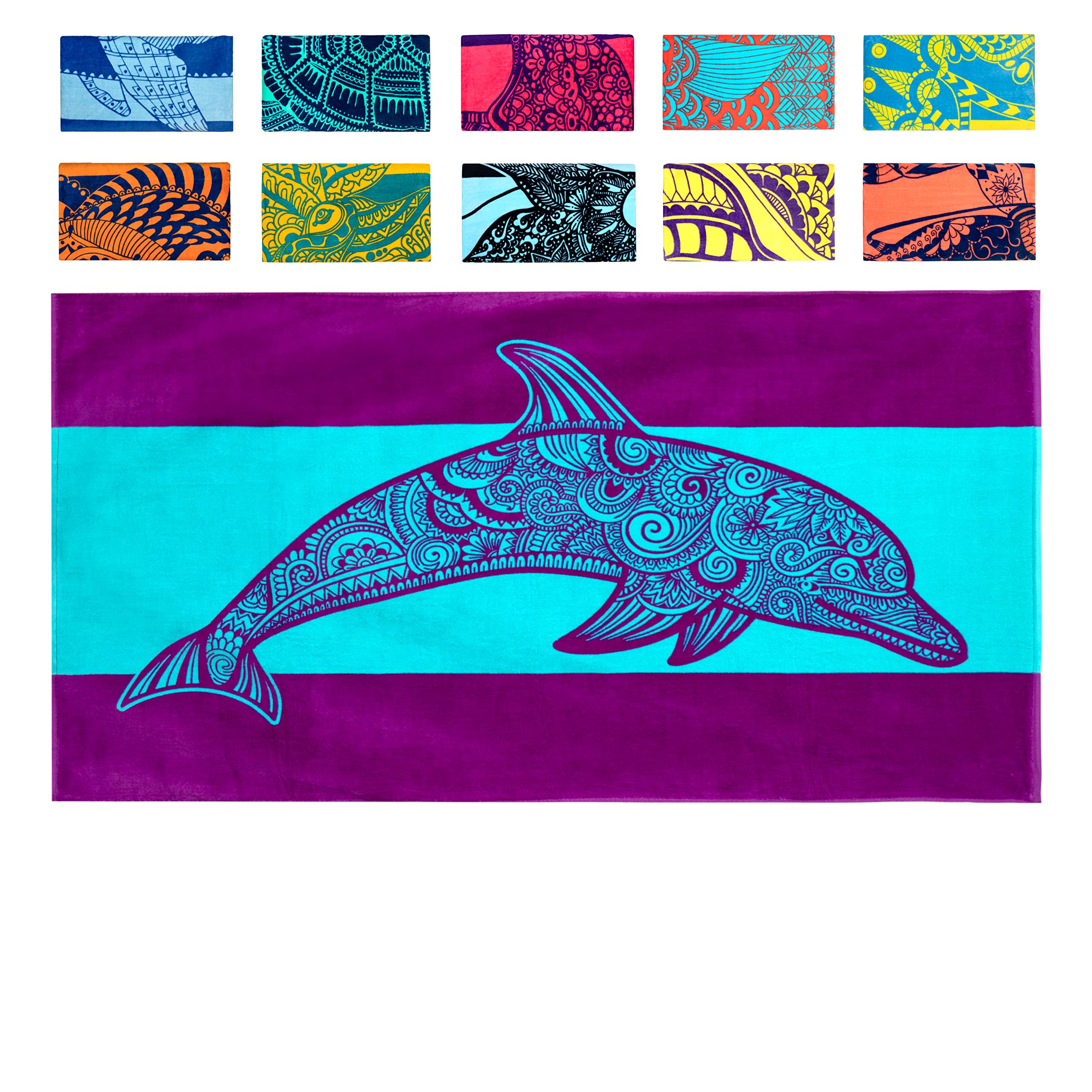 Nova Blue Dolphin Beach Towel design featuring a tropical dolphin on purple and blue stripes for beach days.