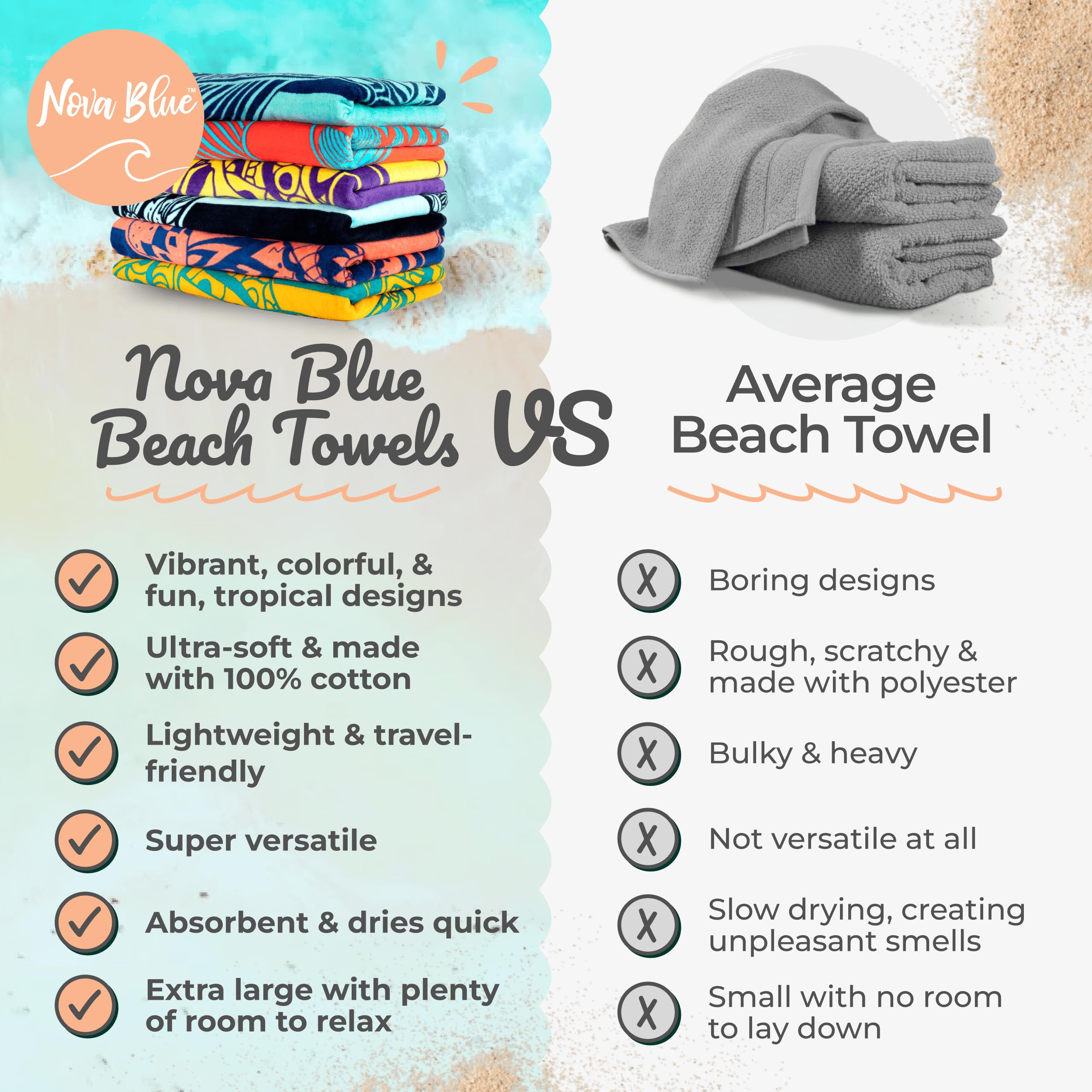 Nova Blue family-friendly beach towel with bold print for easy spotting on the sand.