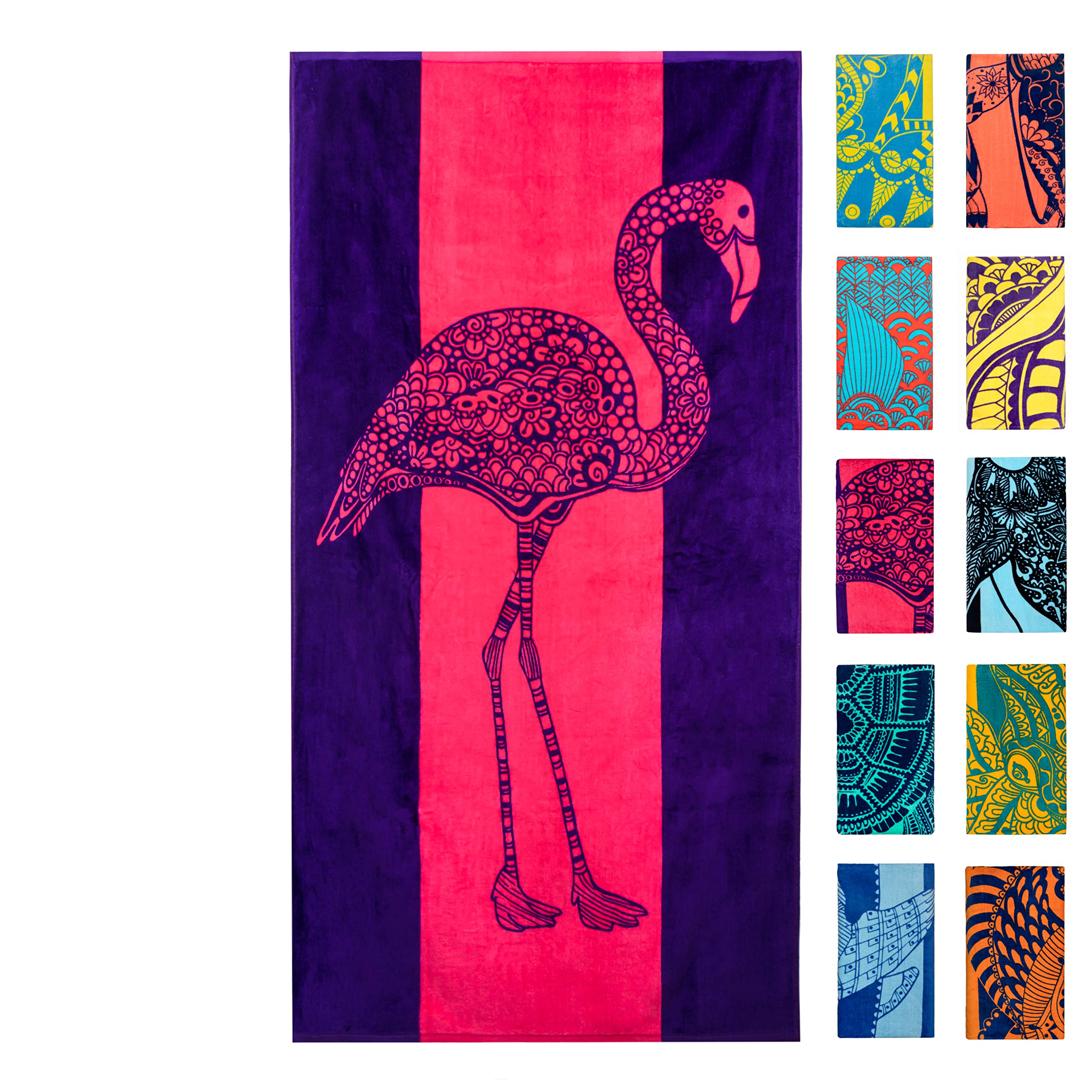 Nova Blue Flamingo Beach Towel with pink purple stripes, ideal for sand-free lounging.