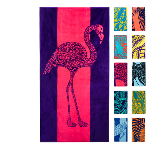 Nova Blue Flamingo Beach Towel with pink purple stripes, ideal for sand-free lounging.