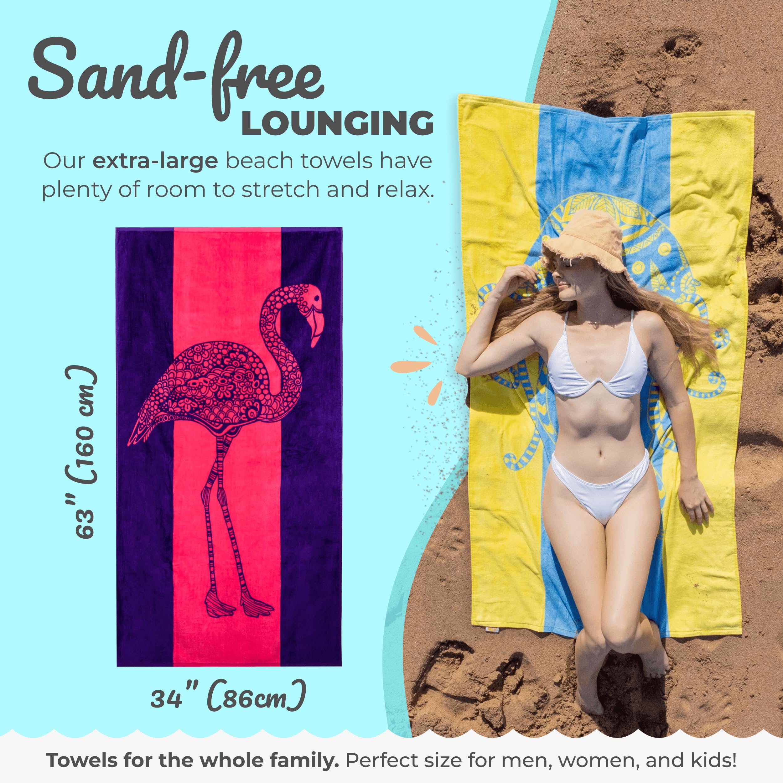 Nova Blue Flamingo Beach Towel velour-soft, highly absorbent for fast drying.