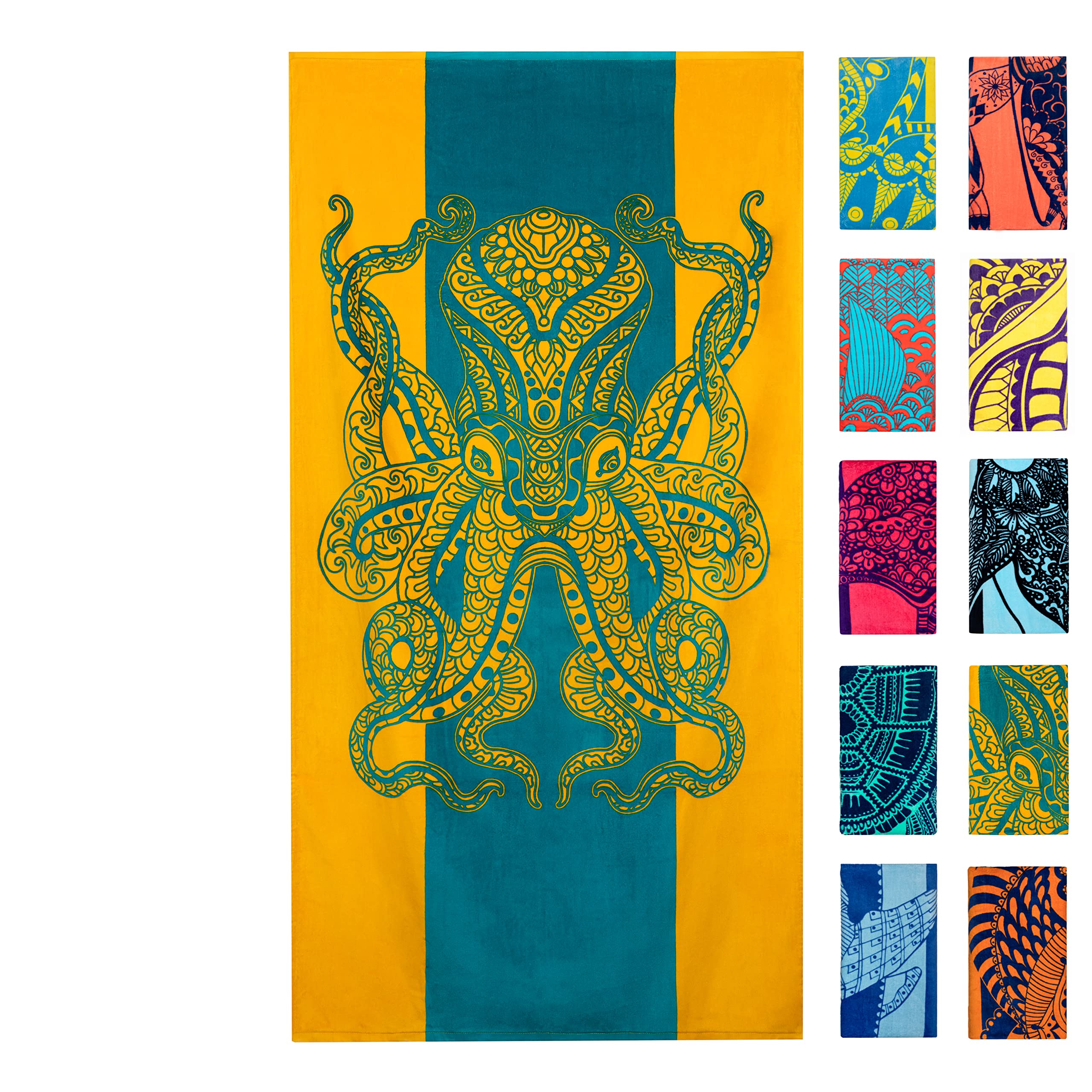 Nova Blue octopus beach towel in sunset orange and teal for a vibrant seaside day.