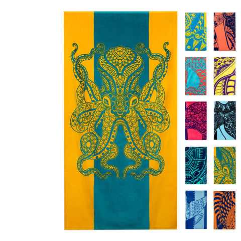 Nova Blue octopus beach towel in sunset orange and teal for a vibrant seaside day.