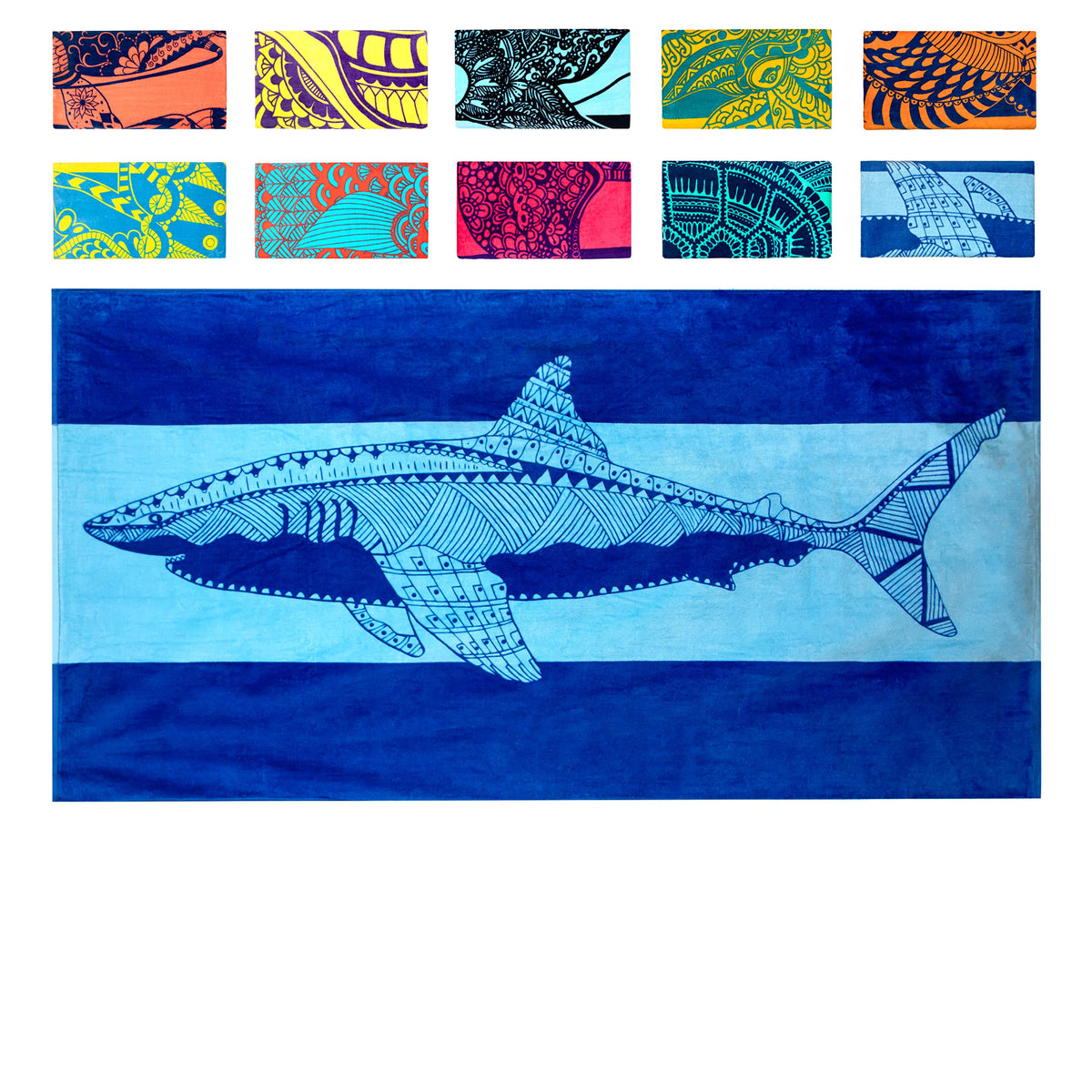 Nova Blue Shark Beach Towel in deep navy with tropical shark design for sunbathing