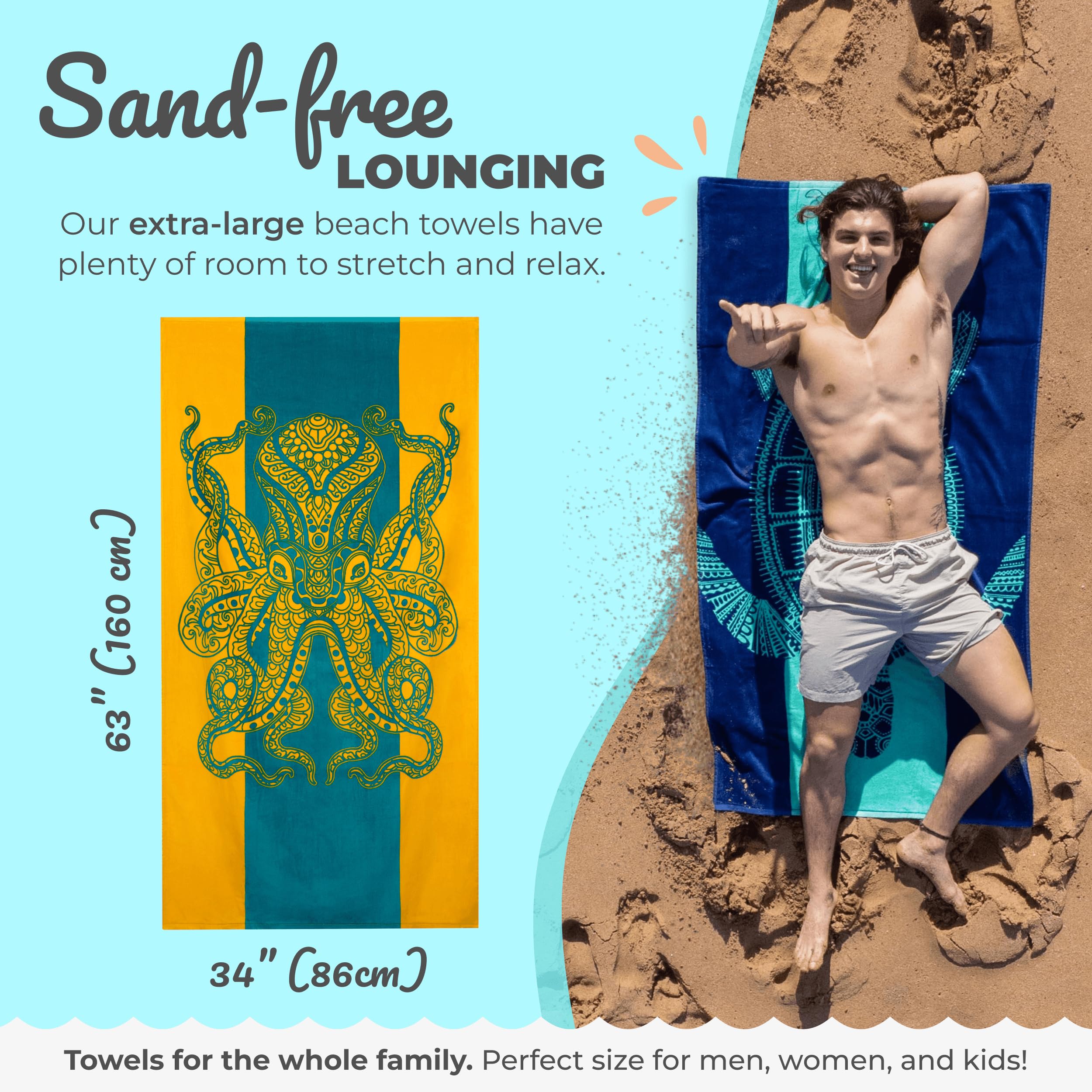 Nova Blue tropical-design beach towel, bright colors ideal for poolside lounging.