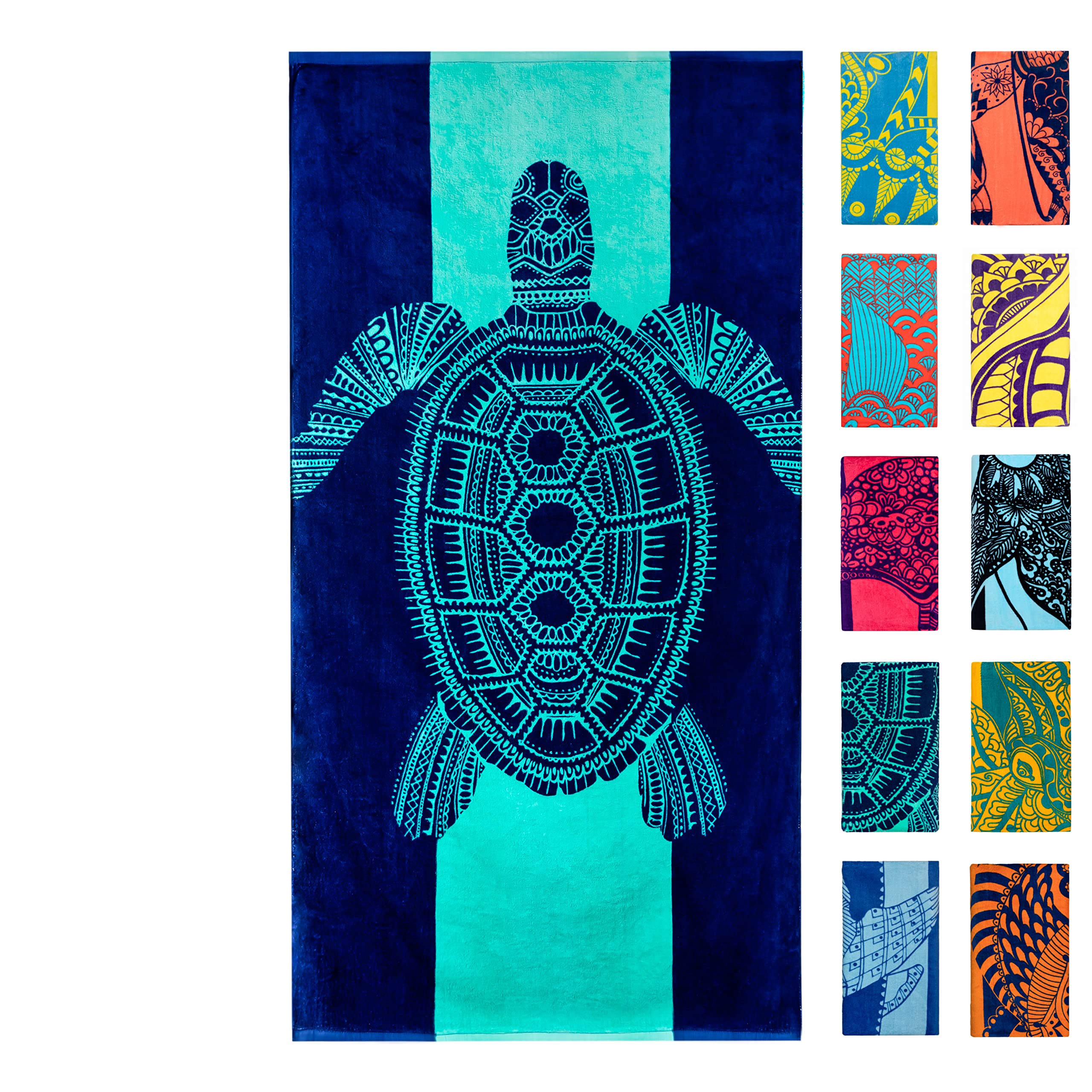 Nova Blue turtle-design on aqua stripes beach towel ideal for easy shore visibility.