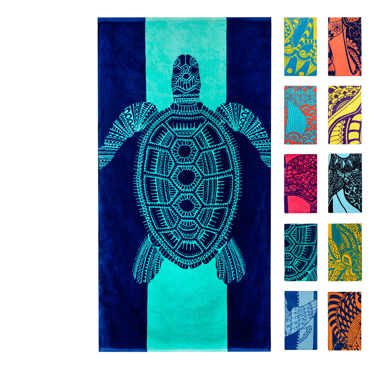 Nova Blue turtle-design on aqua stripes beach towel ideal for easy shore visibility.