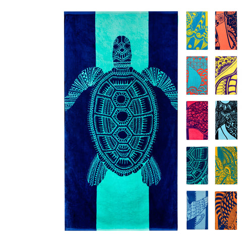 Nova Blue turtle-design on aqua stripes beach towel ideal for easy shore visibility.
