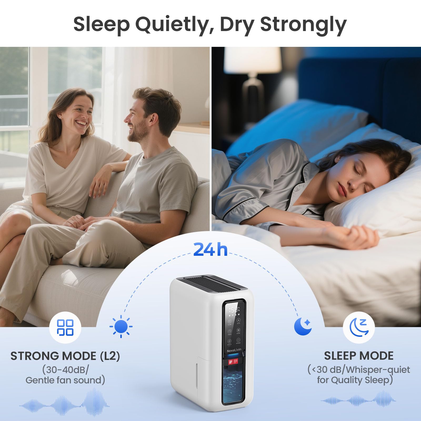 NovaLivin dehumidifier 7-color LED light adds ambient lighting.