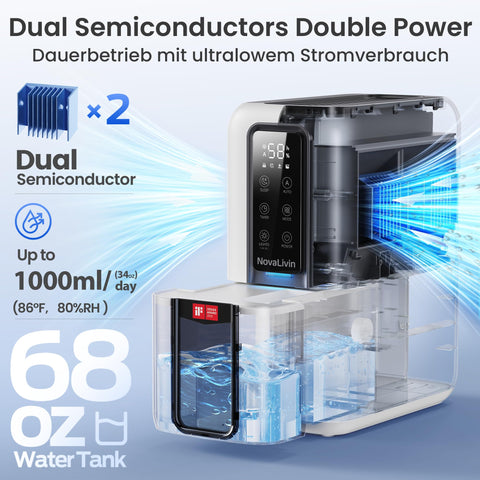 NovaLivin dehumidifier in bathroom compact form saves space.