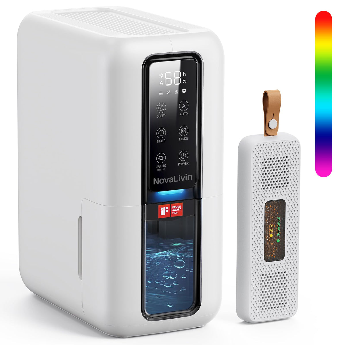 NovaLivin dehumidifier front view, compact unit ideal for small spaces.