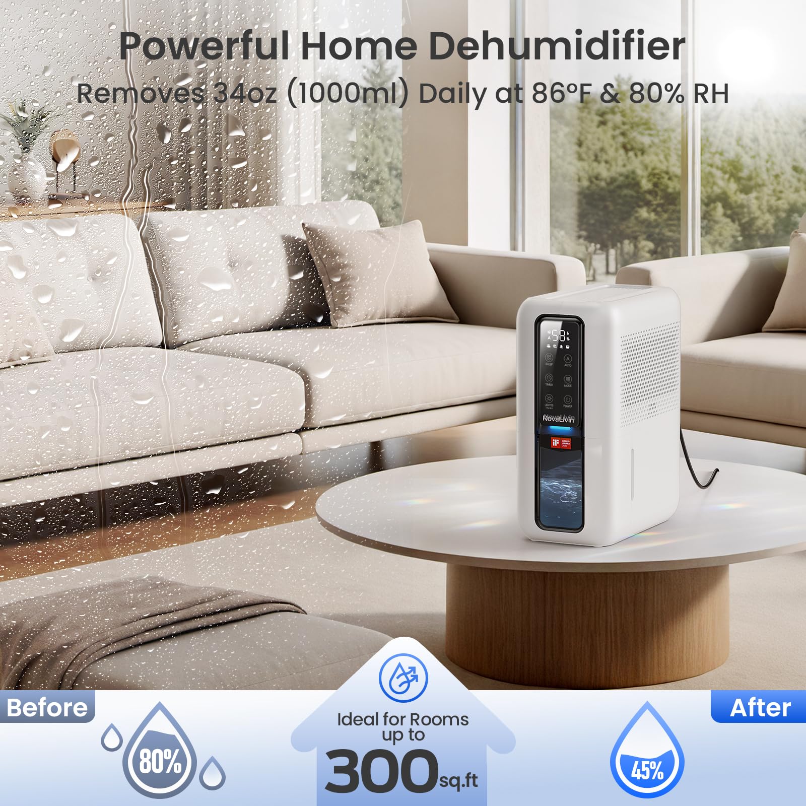 NovaLivin dehumidifier in bedroom demonstrating quiet operation for peaceful nights.