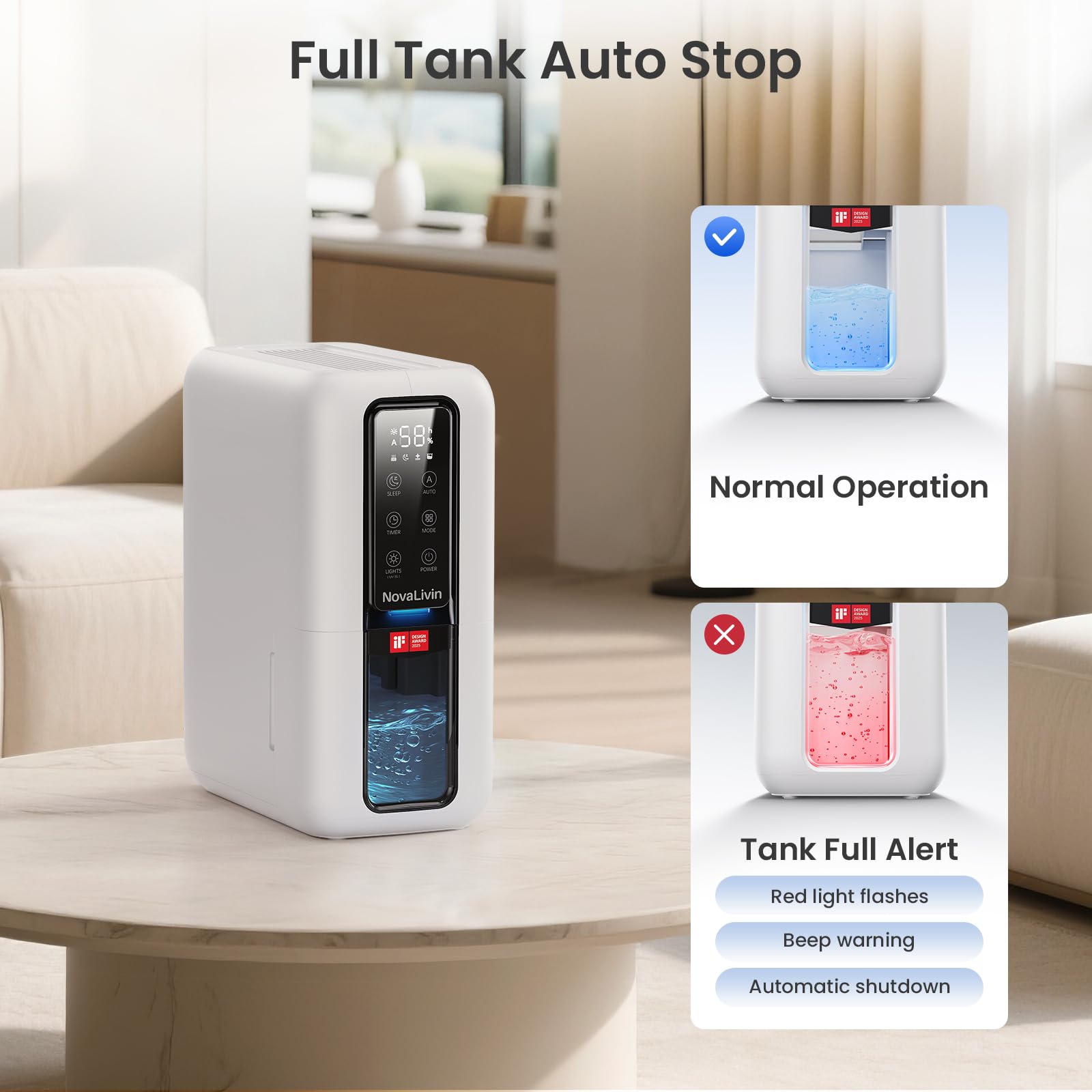 NovaLivin dehumidifier seven-color LED light adds ambiance and convenience.