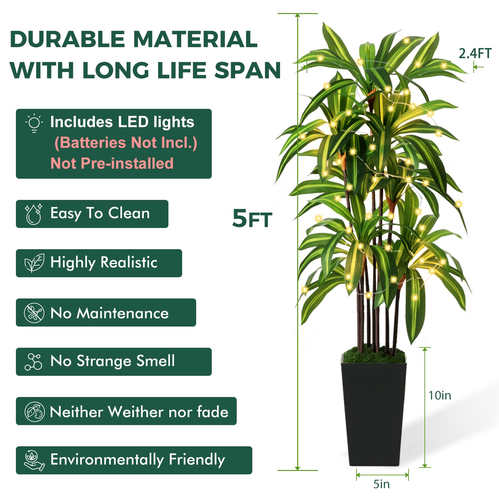 NOVAROOT artificial tree with moss planter and built-in lights adds ambient warmth.