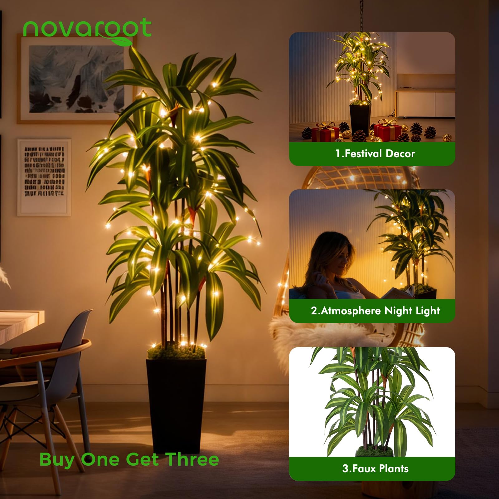 NOVAROOT Dracaena tree assembly shows simple, screwdriver-free setup for quick decor.