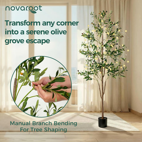 NOVAROOT Olive Tree artificial fruits add subtle realism.